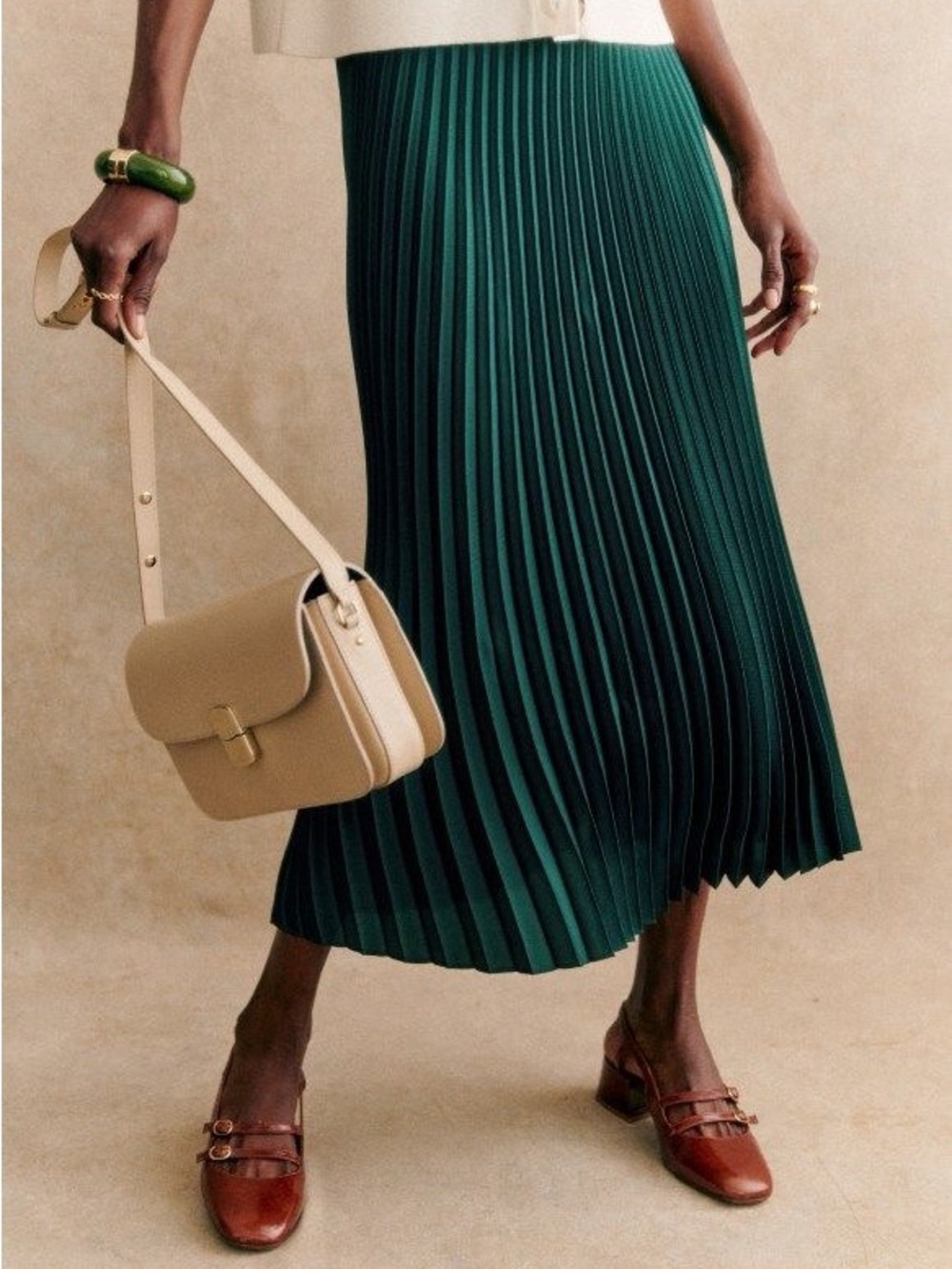 Sezane Dune Pleated Midi Skirt in Bottle Green